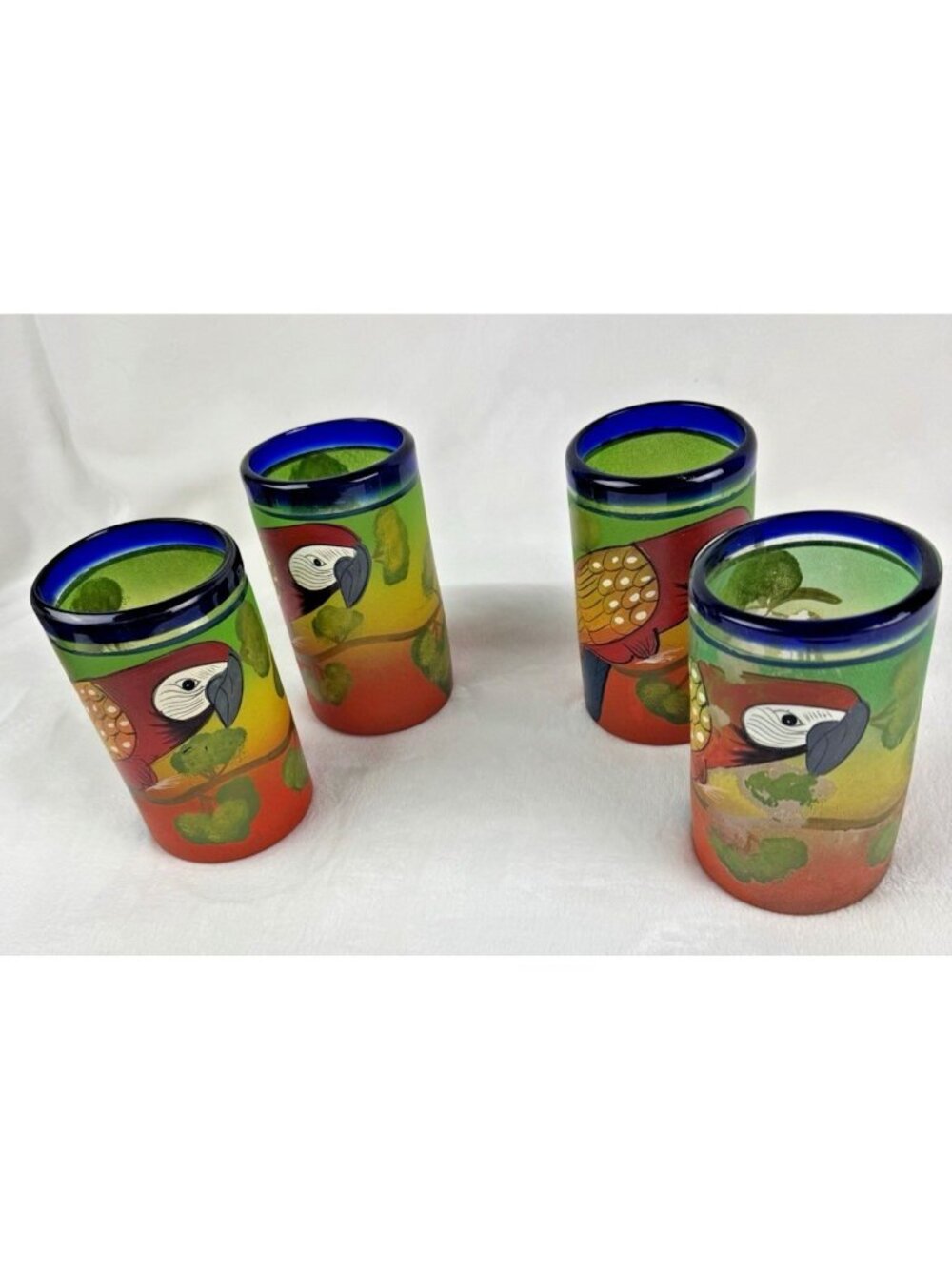 Mexican Set Of 4 Blown Glass Hand Painted Tropical Parrot Macaw Tumbler Glasses